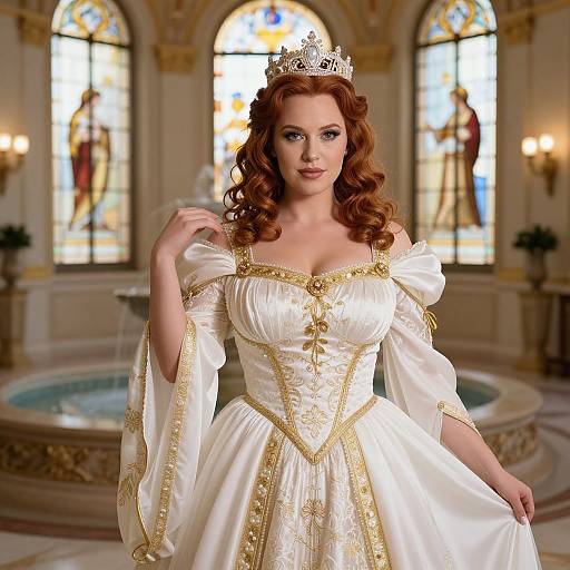 Photograph of a fair-skinned, red-haired woman with curly hair, wearing an ornate white and gold royal gown, tiara, in a