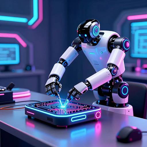 Photorealistic CGI of a futuristic robotic arm with neon lights, operating a glowing, grid-patterned control panel in a neon-lit lab.