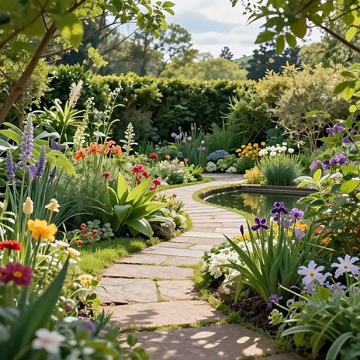 Lush Sunlit Garden with Pond