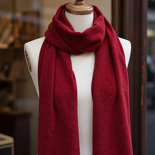 Photograph of a white dress form wearing a thick, rich red scarf, displayed in a dimly lit, vintage-style shop.