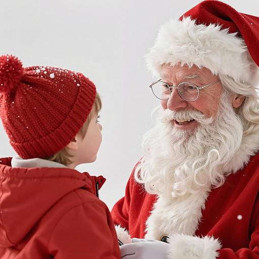 Cheerful Santa with Child in Snow