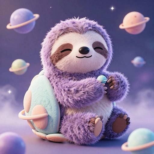 Kawaii Space Sloth with Orbiting Planets