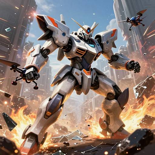 Digital art of a white and blue, humanoid mecha robot with glowing blue eyes, standing amidst a fiery urban battlefield, shooting a missile, surrounded by