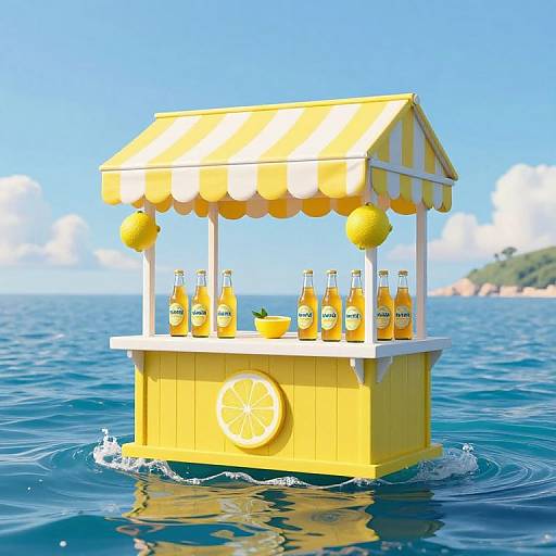 Bright yellow lemonade stand with striped awning, floating on calm ocean, surrounded by lemon bottles and sliced lemons, under clear blue sky. (