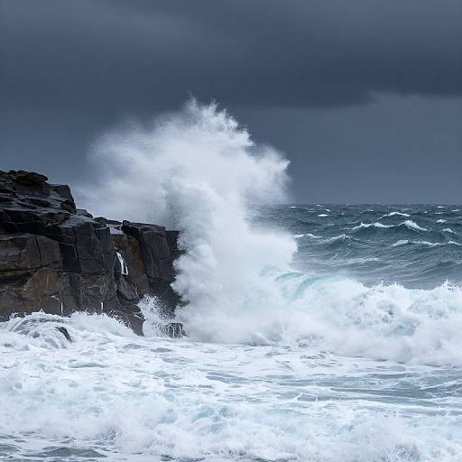 Photograph of a dramatic seascape with dark, stormy clouds; powerful waves crashing against dark, jagged rocks, creating a massive white spray.