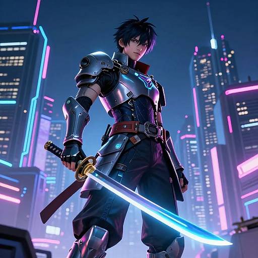 CGI anime-style image of a young, spiky-haired warrior in futuristic armor, holding a glowing blue sword, standing in a neon-lit,