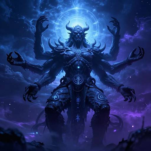 Digital artwork of a dark, multi-armed, horned deity with glowing blue runes and a radiant halo, set against a cosmic, starry purple