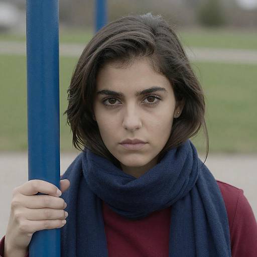 Focused Young Woman with Blue Metal Bars