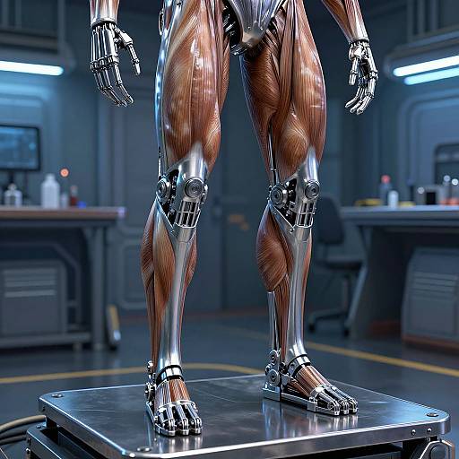 Photorealistic CGI of a robotic human leg assembly with detailed muscle fibers, standing on a metal platform in a dimly lit industrial lab.