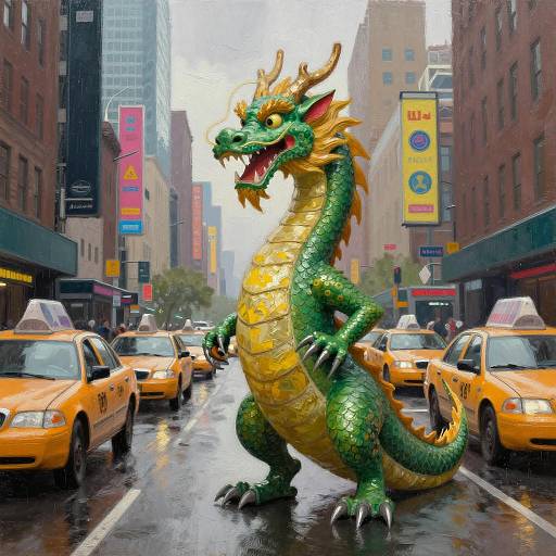 Green Dragon on Rainy City Street