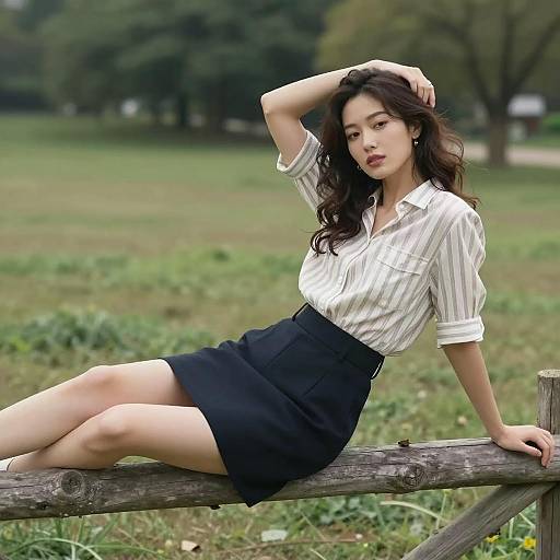 Relaxed Woman by Wooden Fence in Field