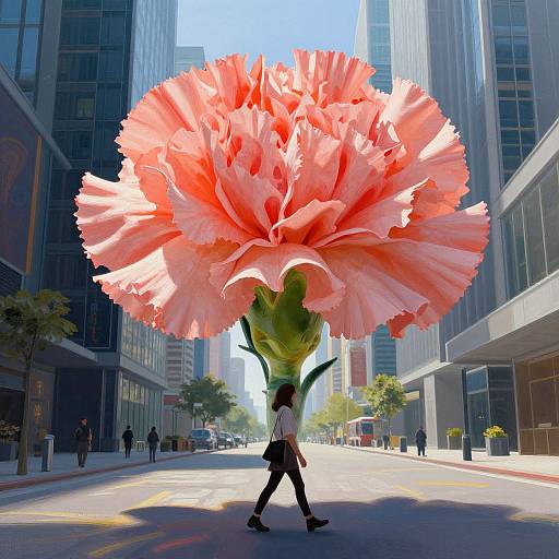 Photograph of a person in a white shirt and black pants carrying an enormous, vibrant pink flower down a sunny city street.