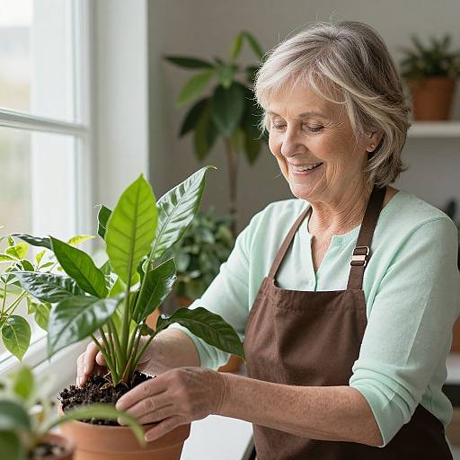 Photograph of a smiling elderly woman with short gray hair, wearing a light green shirt and brown apron, tending to a potted green plant