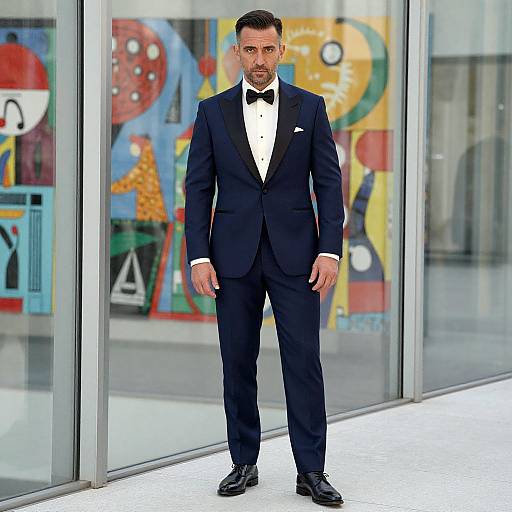 Photograph of a handsome man with short dark hair and beard, wearing a black tuxedo, white shirt, black bow tie, standing in front