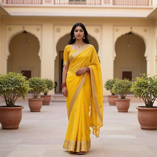 Photograph of an Indian woman in a bright yellow saree with gold trim, standing confidently in a sunlit courtyard with potted plants and arched