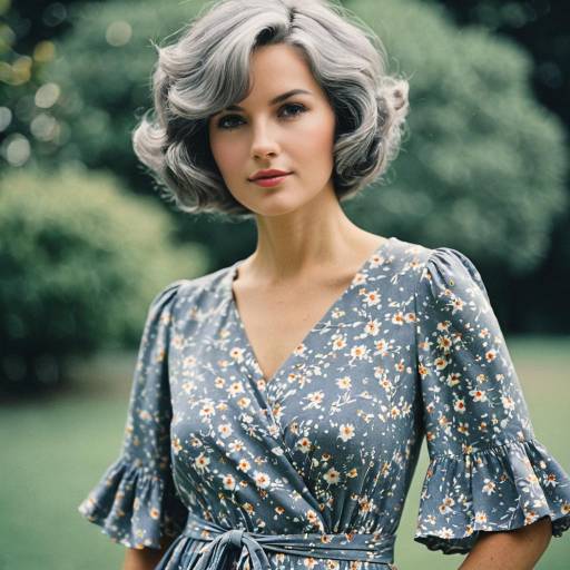 Woman in Vintage 70s Floral Dress with Gray Curled Hair