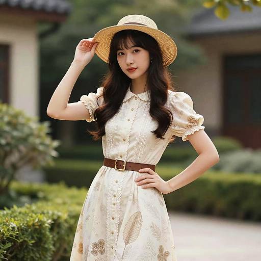 Photograph of an Asian woman with long black hair, wearing a cream lace dress, brown belt, straw hat, and red lipstick, standing outdoors with