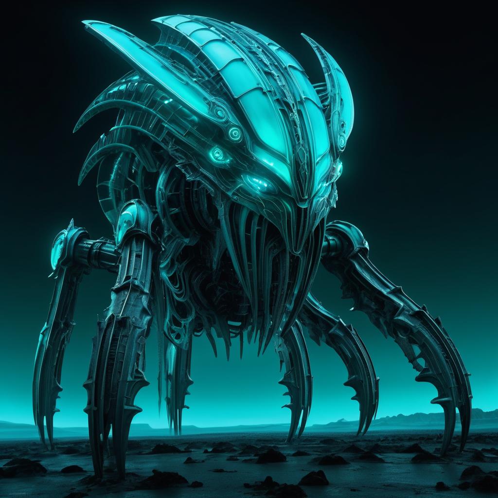 Cyan Glowing Mechanical Beast in Darkness