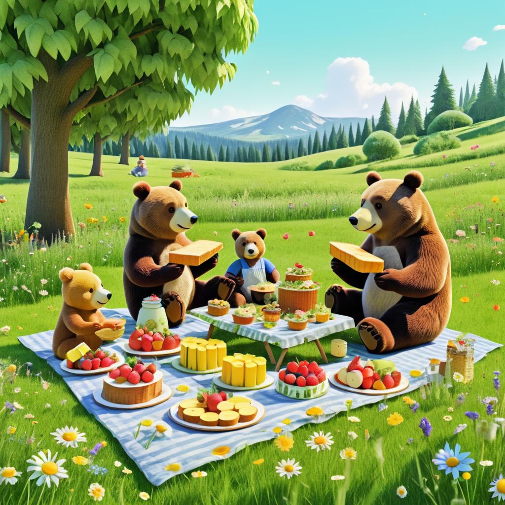 Heartwarming Family Bear Picnic in Meadow