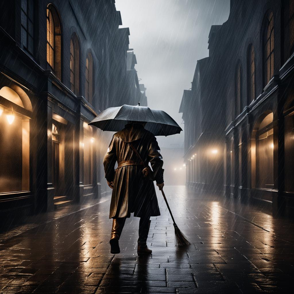 Dramatic Rainy Scene of a Lone Traveler