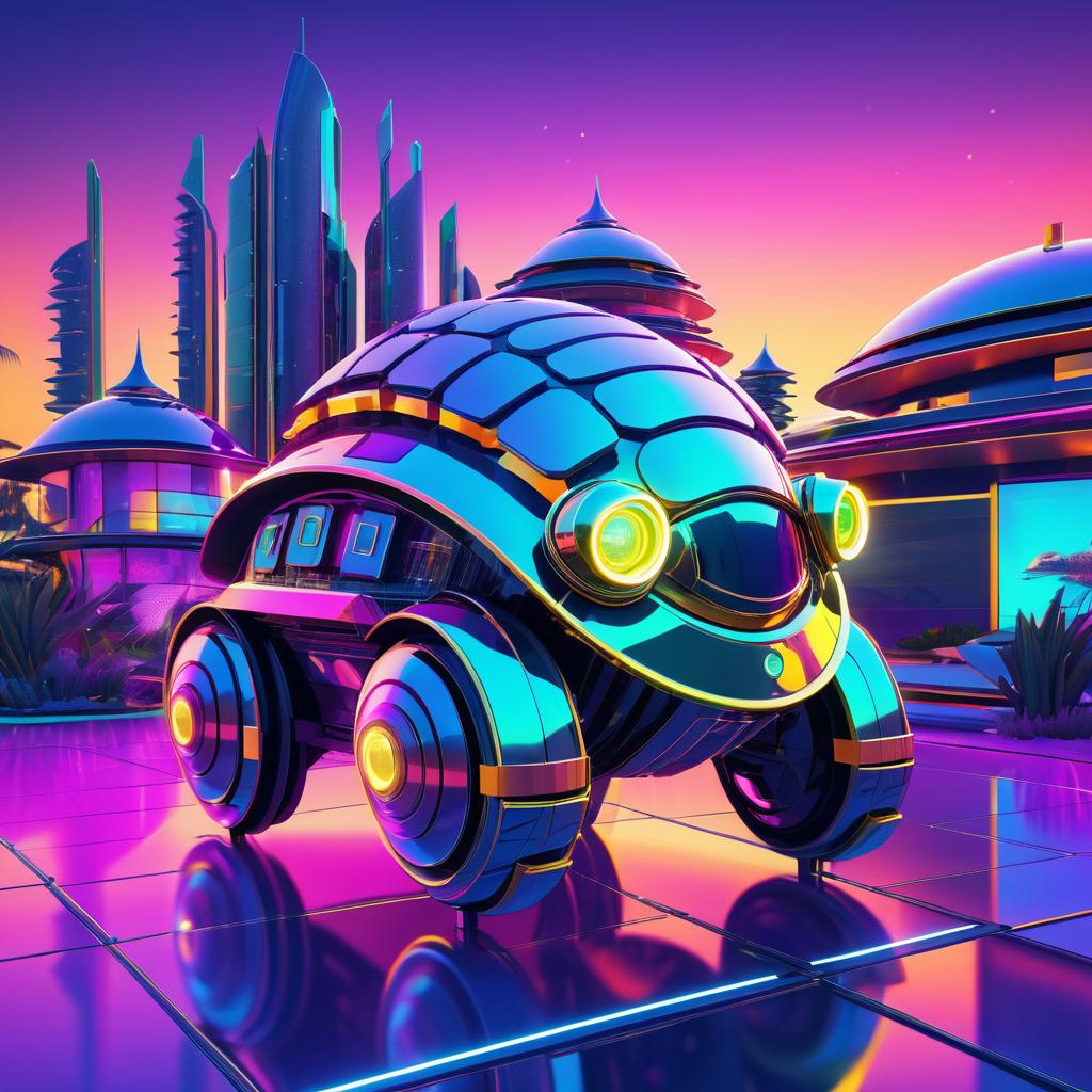 Futuristic Turtle in a Retro-Sunset World