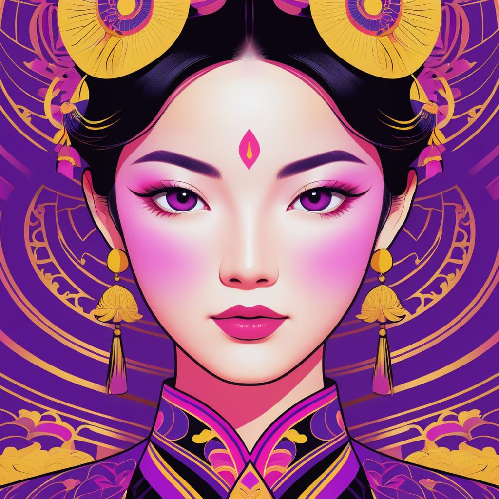 Vibrant Three-Color Asian Woman Illustration