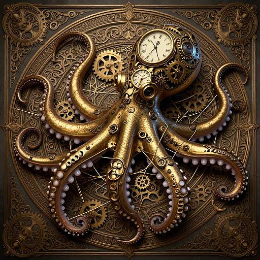 Digital steampunk illustration of a golden octopus with gears, cogs, and a clock, set against an ornate, dark brown background.
