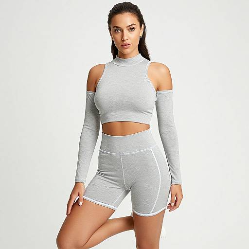 Photograph of a fit, dark-haired woman in a light gray, long-sleeve, crop-top and high-waisted shorts set, standing