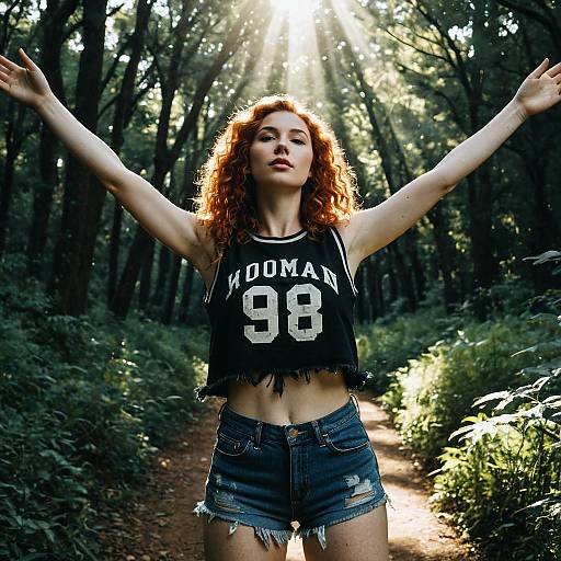 Redhead Woman in Forest with Sun Rays