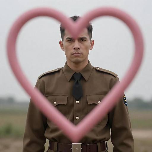 Serious Man in Military Uniform with Heart Frame