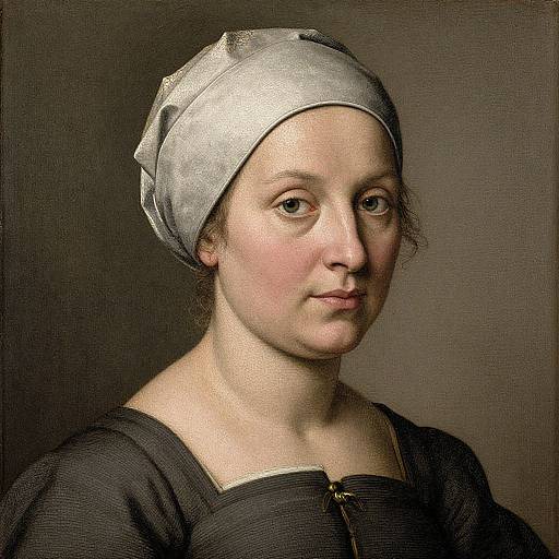 Photograph of a Renaissance-style portrait of a fair-skinned woman with a plain white headscarf, black dress, and neutral expression.