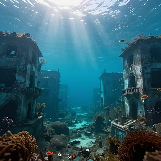 Photograph of an underwater scene with sunbeams filtering through, illuminating two decaying, old buildings surrounded by coral, rocks, and colorful fish