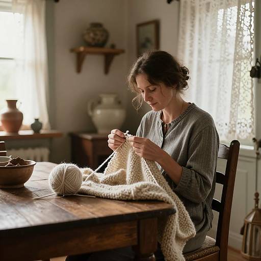 Photograph of a focused woman with brown hair in a bun, knitting a white, textured blanket at a wooden table in a sunlit, vintage-style