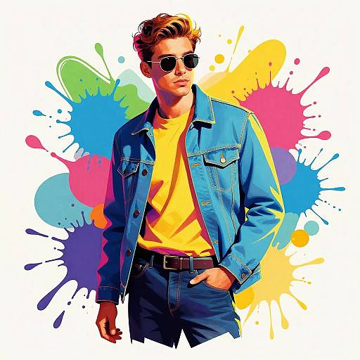 Digital illustration of a cool, blond man with sunglasses, wearing a blue denim jacket over a yellow shirt, against colorful paint splashes.