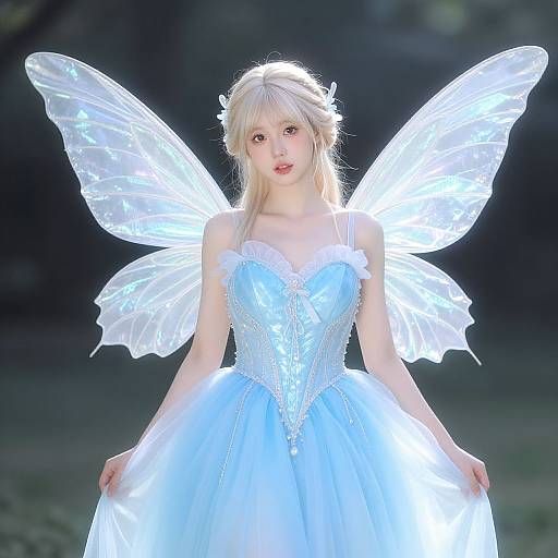 Digital artwork of a fair-skinned, blonde fairy girl with glowing white wings, wearing a shimmering blue dress, standing in a dark, mystical forest