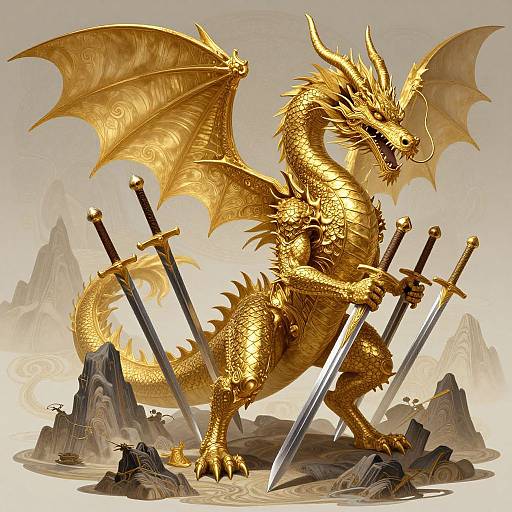 Digital illustration of a golden dragon with intricate scales, sharp horns, and large wings, holding three swords, standing on rocky terrain.