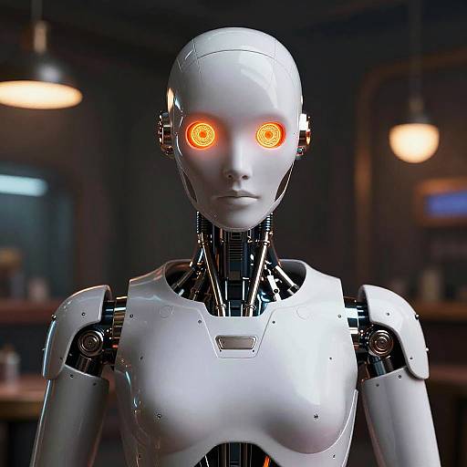 Photorealistic CGI of a white, humanoid robot with glowing orange spiral eyes, standing in a dimly lit, modern bar.