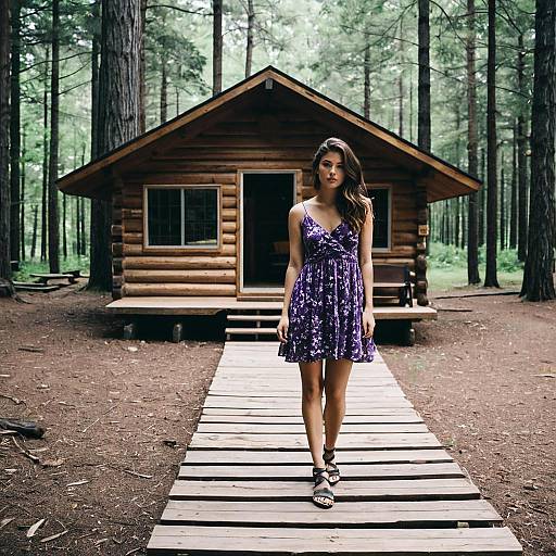 Young Woman in Purple Dress at Forest Cabin