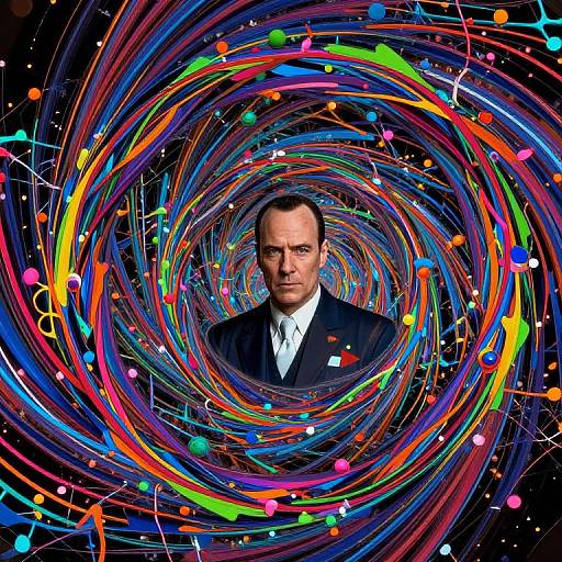 Photograph of a serious-looking middle-aged man in a black suit and white shirt, centered in a vibrant, colorful abstract spiral pattern against a black background