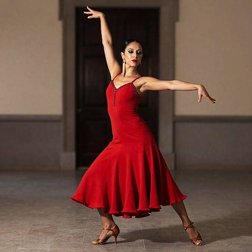 Photograph of a confident, dark-haired woman in a red, sleeveless, flared dress, dancing with arms raised and extended, in a dim