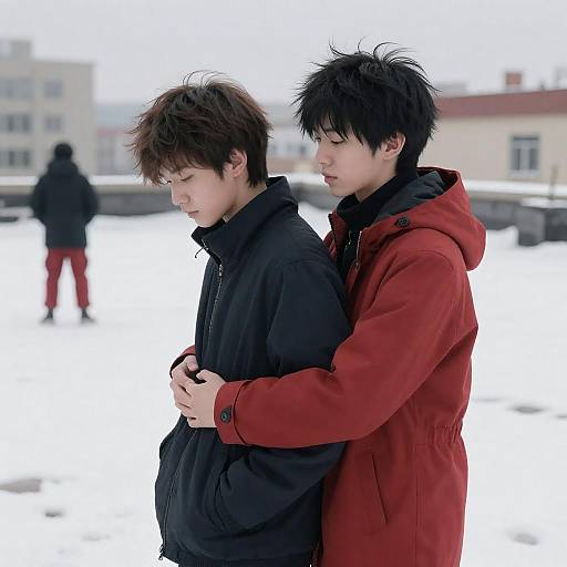Urban Winter Hug on Snowy Rooftop
