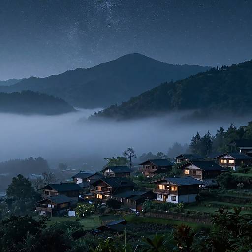Photograph of a serene, starlit night village nestled in misty mountains, with illuminated houses and a clear, dark blue sky.