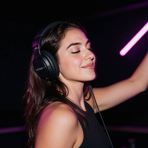 Photograph of a young woman with closed eyes, wearing black headphones, and a black tank top, smiling with raised arm in dimly lit club,