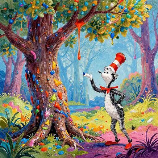 Colorful illustration of a black-and-white striped cat with a red hat, bow tie, and red shoes, reaching for colorful candy-filled tree in a