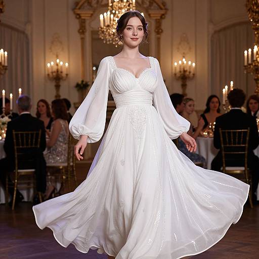 Photograph of a fair-skinned woman with dark hair in a white, flowing, long-sleeved wedding dress, walking in a dimly lit