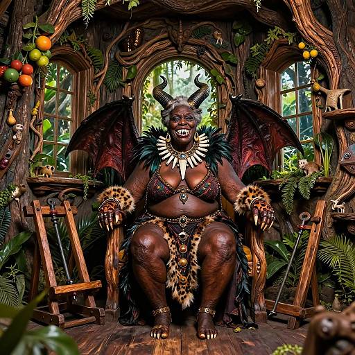 Photograph of a smiling, dark-skinned, muscular, horned demoness with large wings, wearing fur and bone accessories, sitting in a lush