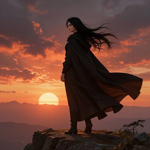 Digital artwork of a dark-haired woman in a flowing black cloak standing on a rocky cliff at sunset, with a vibrant orange and purple sky behind her.