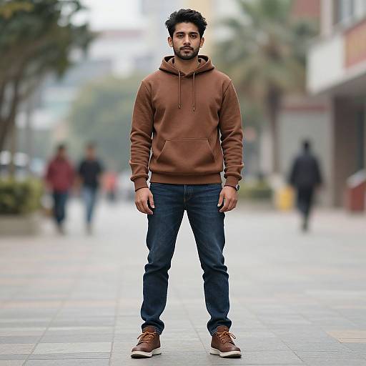 Photograph of a bearded South Asian man with dark hair, wearing a brown hoodie, dark jeans, and brown sneakers, standing on a blurred urban