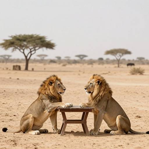 Photograph of two male lions with golden manes sitting on sandy savanna, facing each other, resting paws on a wooden stool. Background includes