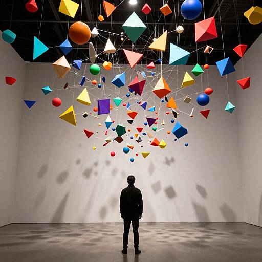 Photograph of a silhouetted person standing in an empty room with colorful, suspended geometric shapes and objects hanging from the ceiling. Bright, overhead